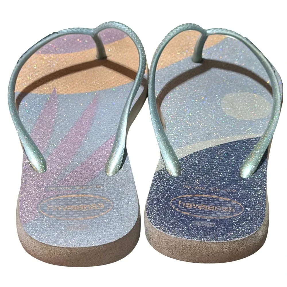 Havaianas Flip Flops Womens 9/10 Multi Color Rubber Slim Glitter Cosmic Beach